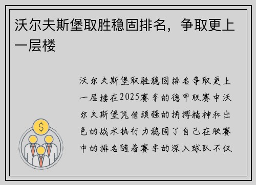 沃尔夫斯堡取胜稳固排名，争取更上一层楼