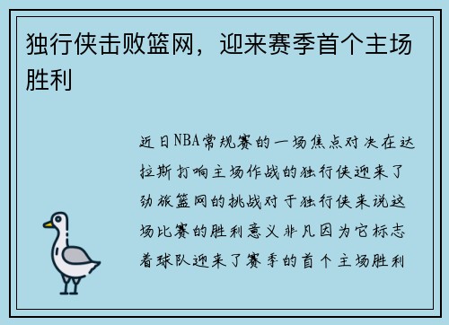 独行侠击败篮网，迎来赛季首个主场胜利