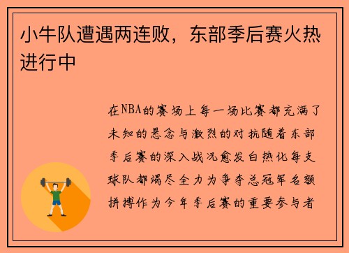 小牛队遭遇两连败，东部季后赛火热进行中