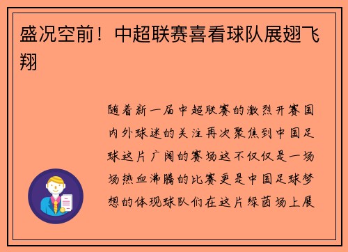 盛况空前！中超联赛喜看球队展翅飞翔