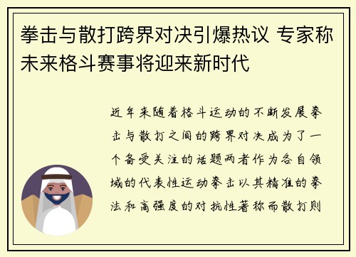 拳击与散打跨界对决引爆热议 专家称未来格斗赛事将迎来新时代